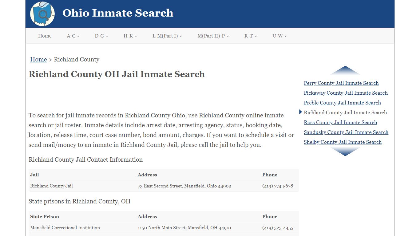 Richland County OH Jail Inmate Search